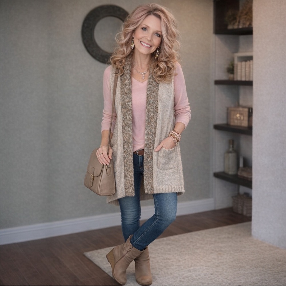 Cozy Knit Sweater Vest Long Open Cardigan Pockets Boho S M